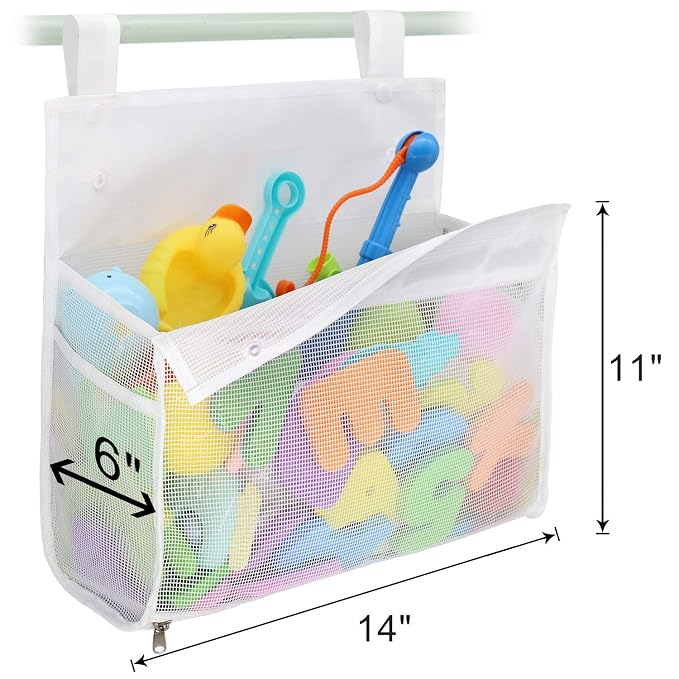 Muchfun Bath Toy Organizer Multiple Ways to Hang | Extra Large Opening Bathroom Toy Holder, Bottom Zipper Bathtub Toy Storage Bag (White)