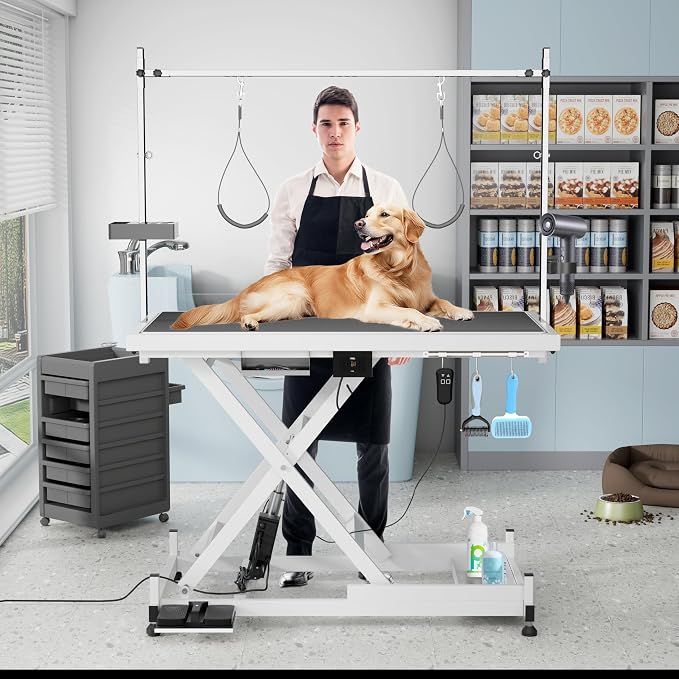 SoarFlash 49.6” Electric Lift Pet Dog Grooming Table,Heavy Duty Electric Grooming Table for Dogs&Cats,Heavy Duty Height Adjustable with Overhead Arm, Clamps, Two Grooming Noose