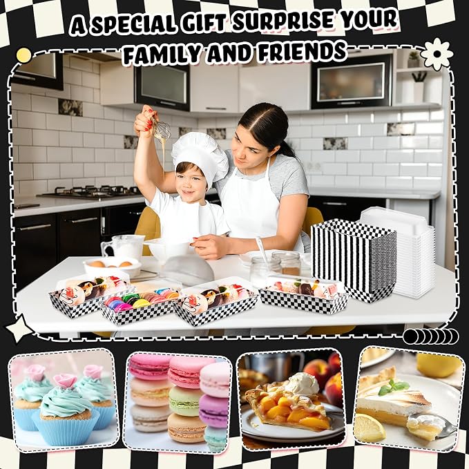Bokon 50 Pack Black White Checkered Boxes, Small Cookie Boxes with Window, Individual Treat Containers for Sandwich, Cookie, Sushi, Cake Slice, Race Car Party Favors