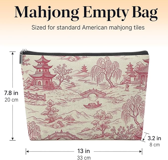 Pink Toile Empty Mahjong Tile Bag 13x7.8 Inch | Chinoiserie Printed Portable Travel Case Organizer Zipper Pouch for American Mahjong Tiles Game Night Accessories and Gifts