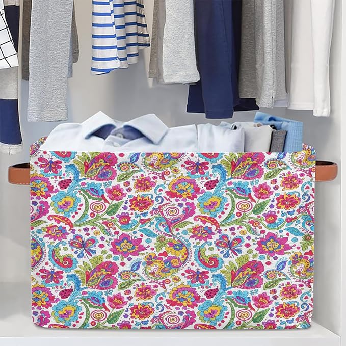 AUUXVA Storage Basket Colorful Paisley Flower Floral Storage Cube Box Durable Canvas Collapsible Toy Basket Organizer Bin with Handles for Shelf Closet Bedroom Home Office