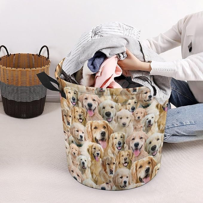 Large Laundry Hamper for Golden Retriever Lover, Waterproof Laundry Basket with Handle, Golden Retriever Print Collapsible Clothes Storage Organization for Bathroom Bedroom Laundryroom