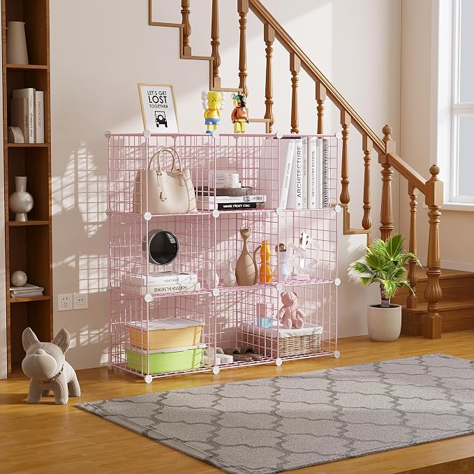 C&AHOME Wire Cube Storage, 9 - Cube Organizer Metal C Grids, Shelves, Pink | Modular Shelves Units, Closet Organizer, Storage Bins Shelving, Ideal for Home, Office, Living Room