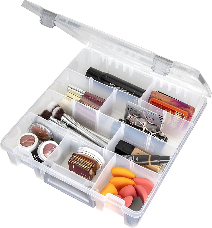 AB Designs 6823ABD Super Satchel with Removable Dividers, Stackable Home Storage Organization Container, Clear with Sliver Latches and Handle