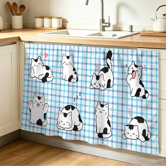 Cute Cat Cabinet Curtain 32"Wx55"L, Dustproof Pantry Door Curtain with Self Adhesive Tape, Modern Playful Pet Cats Blue Purple Plaid Tall Storage Cover Privacy Drape for Bathroom Kitchen Laundry Room