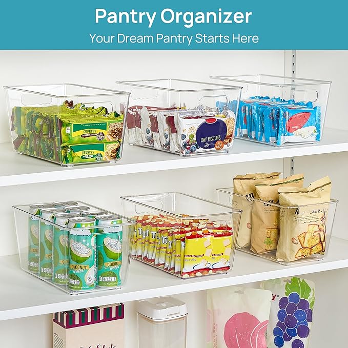 Vtopmart 6 Pack Clear Storage Bins, Pantry Cabinet Organizer Bins, Medium | Plastic Pantry Storage Bins with Handle, Storage Containers for Fridge, Cabinet, Kitchen, Countertops, Cupboard, Freezer