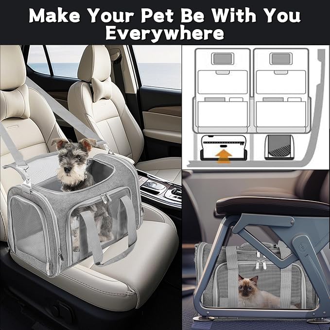 Soft-Sided Cat/Dog/Pet Carrier, Collapsible Pets Travel Carriers | for Big Cats/Small Dogs with Shoulder Strap & Removable Mat, Mesh Puppy Carry Bag, Up to 16 Lbs, TSA Airline Approved(Gray)
