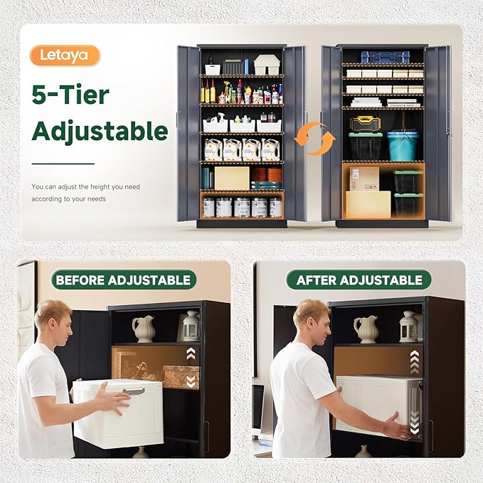 Metal Storage Cabinet with Lock Door and 5 Shelves,6 Tier Steel Garage Tool Cabinet for Home Office Utility Room 72" H X 36" W X18 D (Black Gray)