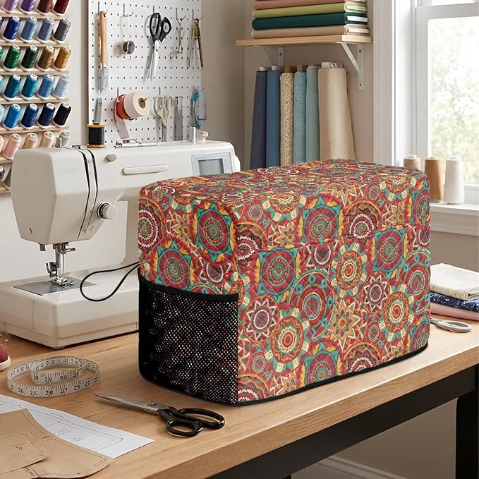 Sewing Machine Cover Polyester Febric Ethnic Mandala Geometric | Dust Pet Hair Protection,Quilting Design,Fits Standard Singer,Brother Janome Machines,Protecting Decorating Your Sewing Space