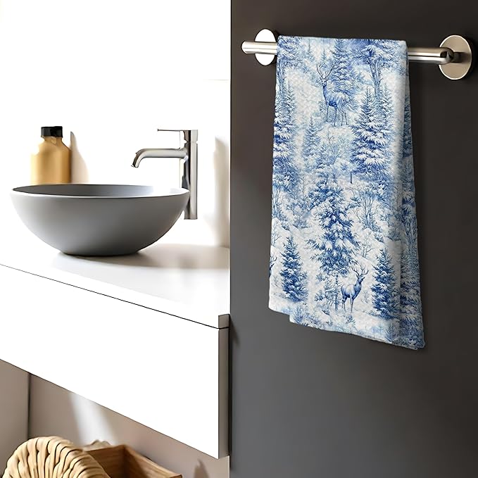 Christmas Blue Winter Forest Reindeer Decor Kitchen Dish Tea Towels,Blue and White Farmhouse Reindeer Deer Animal Decor Decorative Hand Towel for Bath Room Washroom Restroom, 16x24 Inch