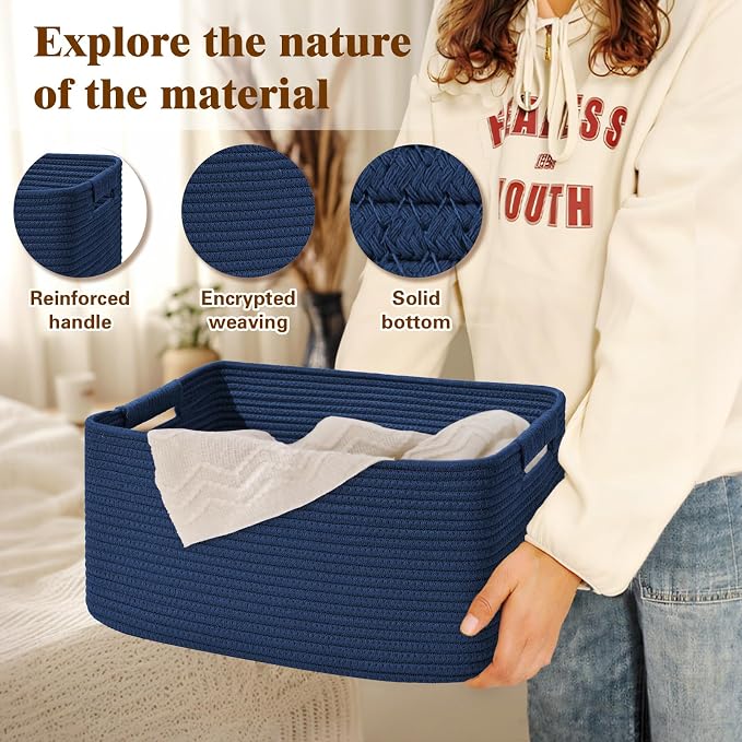 3 Pack Large Storage Basket for Organizing, 17.5"x13"x7" Woven Basket for Shelves, Closet Cube Storage Bins with Wrapped Handle, Cotton Rope Baskets for Kitchen, Clothes, Toys(Navy Blue)