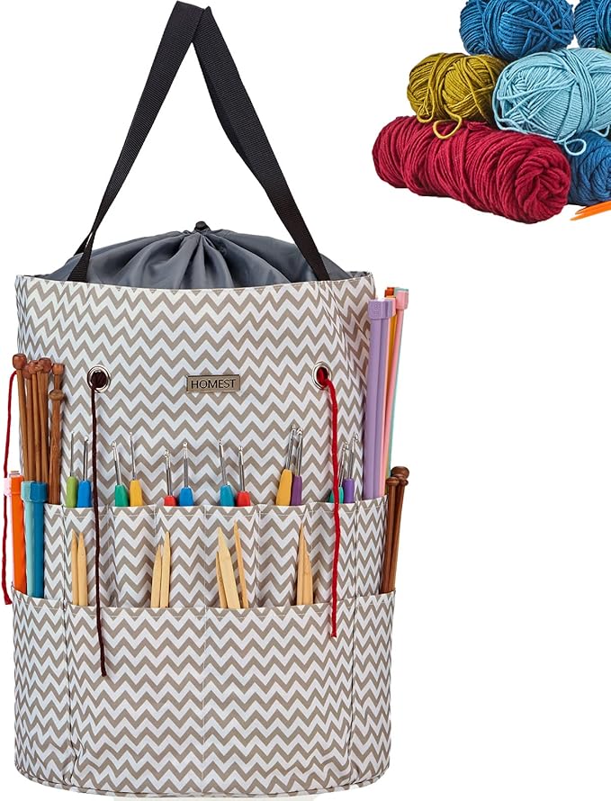 HOMEST Crochet Bag Organizer for Yarn Storage, and Knitting Accessories | Customized front compartment, 6 oversized grommets and drawstring closure for hooks, needles and projects, Ripple