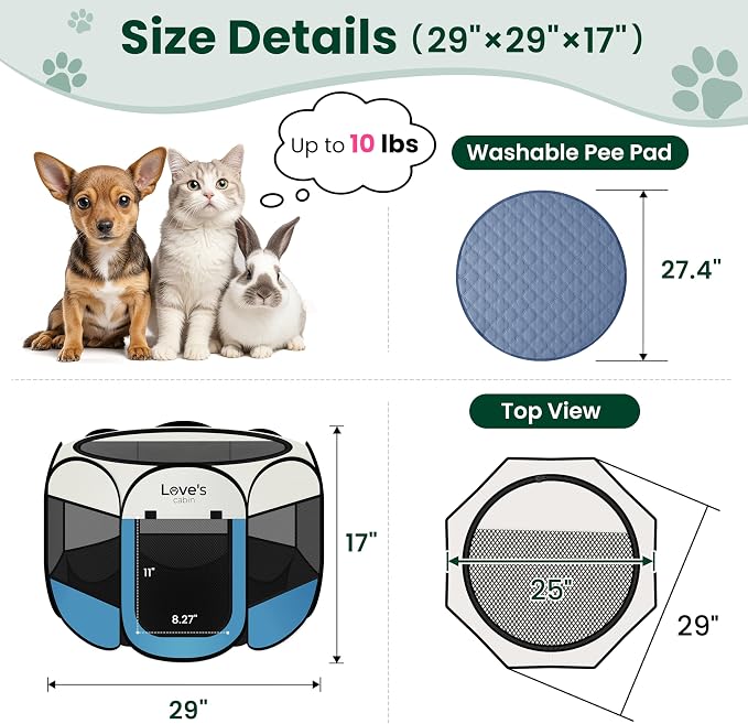Love's cabin Dog Playpen with Washable Pee Pad, Puppy Pet Cat Playpen Small Dogs Tent Crate Indoor/Outdoor, Portable Pop Up Kennel with Carrying Case for Cats/Rabbits(Blue,Small with pad)