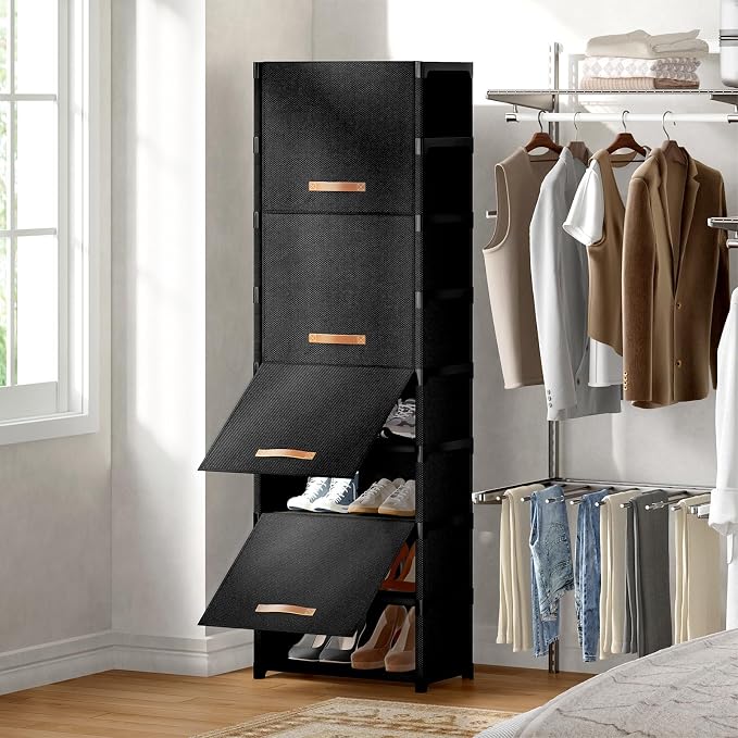 9 Tier Shoe Cabinet with Door, 18-Pair Rack for Closet Black | Non-Woven & Metal Frame, Stable, Door Blocks Dust & Pets, DIY Split for Spaces, Easy Assembly