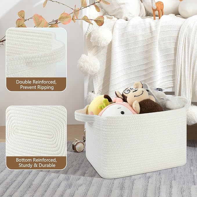 OIASKET Storage Basket for Organizing, Woven Baskets for Storage, Rectangle Decorative Baskets for Shleves, Closet, Toys, Books, Nursery Organizer Bins - Pack of 3 (White, 13"x9.85"x8.7")