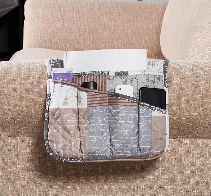 Brilliant Sunshine Latte Grey Toile Couch Armrest Cover, 35"×13" | Washable Magazine Holder, Armrest Organizer & Caddy on Sofa, Recliner, Armchair, Storage for Remote Controls, Phone, iPad