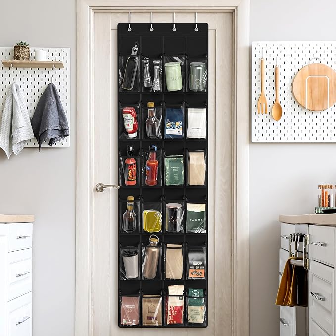 Simple Houseware 24 Pockets Clear Over the Door Shoe Organizer, Black | 64" x 19", 4 Durable Metal Hooks, 4.3" x 9.5" Pocket Size, Multipurpose