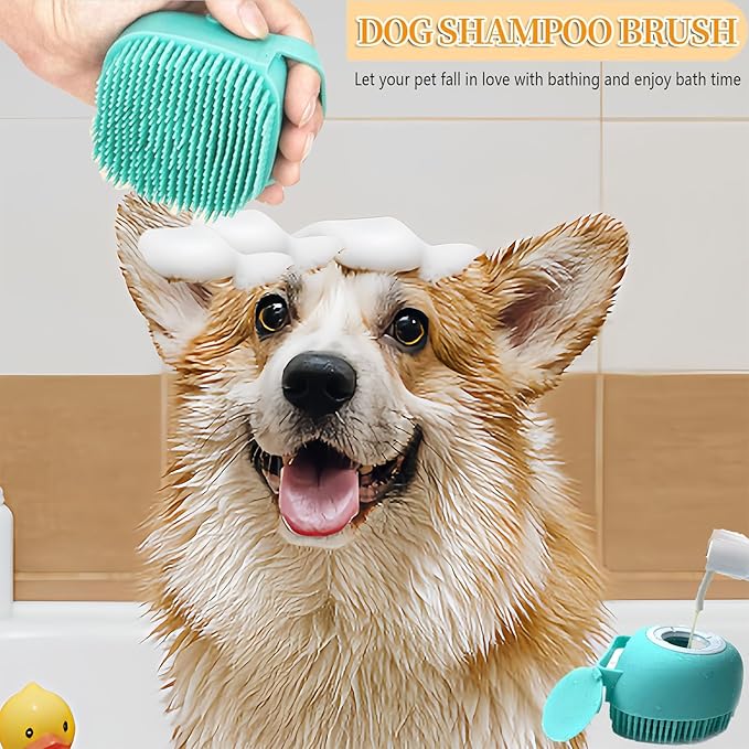 Pet Bath Scrubber Brush, Dog Grooming Massage Shampoo Bath Brush with Soap and Shampoo Dispenser Soft Silicone Bristle for Long Short Haired Dogs Cats Shower (Blue)