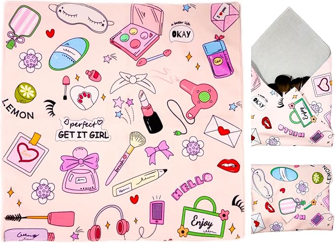 Self-Adhesive Magic Cloth Makeup Bag & Multi-Use Organizer|17.7"x17.7" Portable Travel Cosmetic Bag, Camera Lens Protector, Laptop Sleeve|Beauty Cuties Design Reusable Washable Storage Wrap