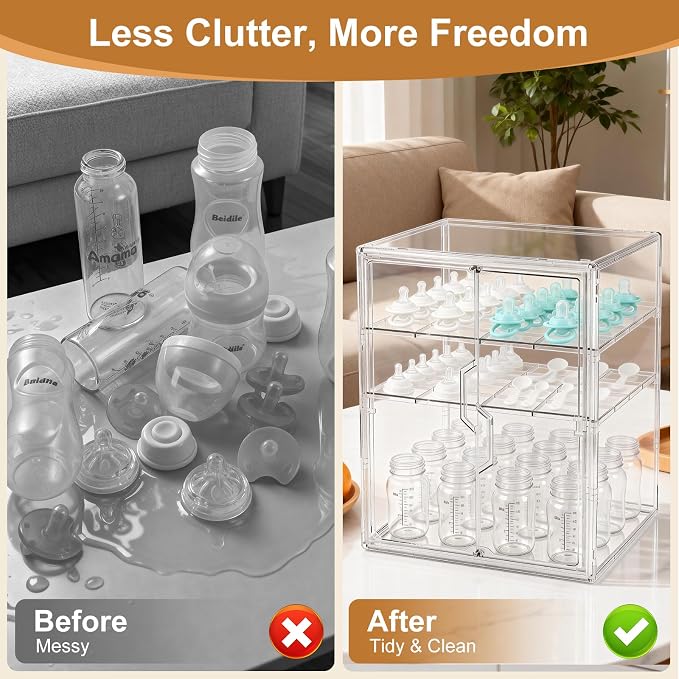 ERTIUANIO Baby Bottle Organizer for Countertop Cabinet Storage | 3 Tier Adjustable Clear Acrylic Station Container with 2 Removable Dividers for Vanity, Bathroom, Nursery, Gifts for New Mom