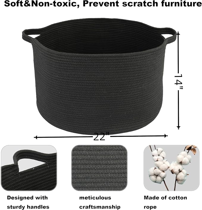 XUANGUO Extra Large Cotton Rope Round Storage Basket 22" x 14" Black | Woven basket for blankets, toys, towels, laundry, nursery, living room and pet toy storage.
