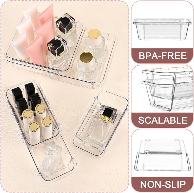 15 Pcs Expandable Drawer Organizer, All Adjustable Storage Box, Clear | 2-Size Vanity Drawer Organizer, Acrylic Storage Bins for Makeup, Cosmetic, Bedroom Dressers Tool Organizer for Gadgets