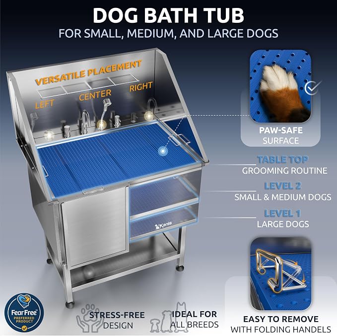 Professional Dog Washing Station 304 Stainless Steel Pet Wash Sink | Grooming Bathtub w/Shower, Floor Grates and Storage for Large, Medium & Small Pets