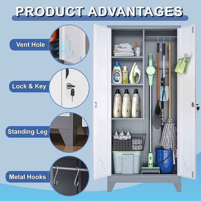 61" Broom Storage Cabinet, Cleaning Tool Storage Cabinet, Garage Utility Storage, Metal Broom Closet for Home, Garage, Utility Room (Gray White, Door-2)