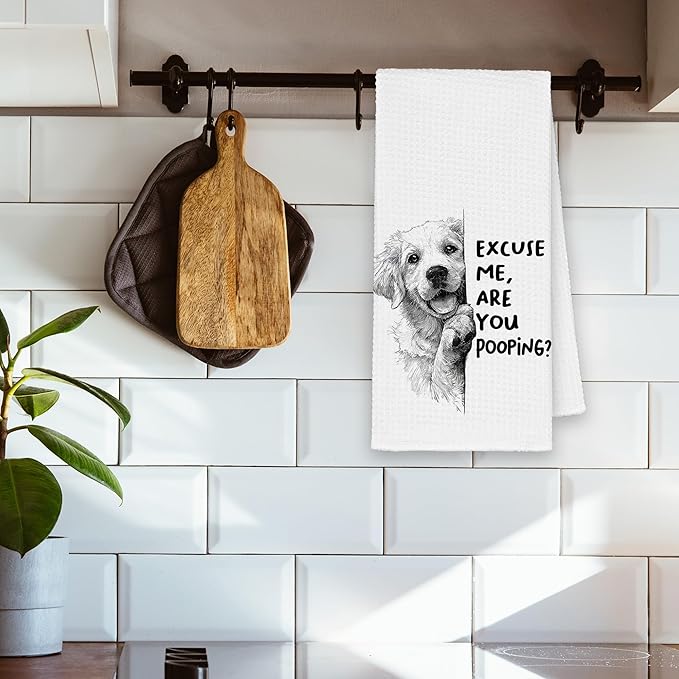 Funny Dog Golden Retriever Bathroom Towels, Cute Rustic Hand Kitchen Towels Gifts for Dog Lovers, are You Pooping Bar Dish Towel Decor for Dorm Bar Cafe 16x24in