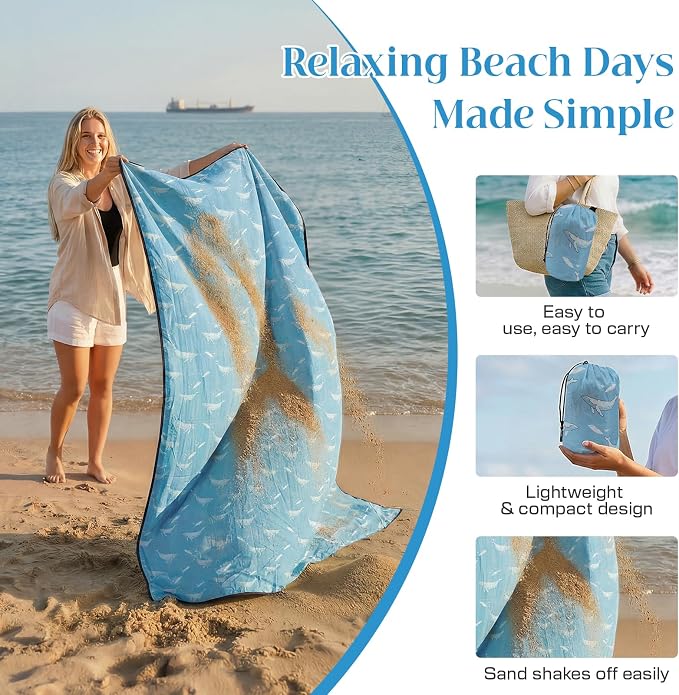 OIGAE Beach Blanket Waterproof Sandproof Oversized Beach Mat | Picnic Mat with Stakes, Storage Bag - Essentials for Outdoor Beach, Picnic,Quick-Dry Lightweight,Windproof Pockets