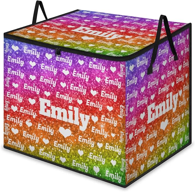 Personalized Storage Bags with Lid Large Blanket Love Heart Organization and Storage Containers for Comforters,Bedding, Foldable Organizer with Reinforced Handle, Deep Bright Color Sequins Glitters