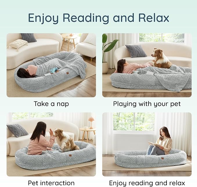 ChiXnuggle Orthopedic Human Dog Bed,with Faux Fur Washable Cover,Blanket | light grey,72*40*10,giant dog bed for adult or extra large dogs,egg crate foam,non-slip bottom