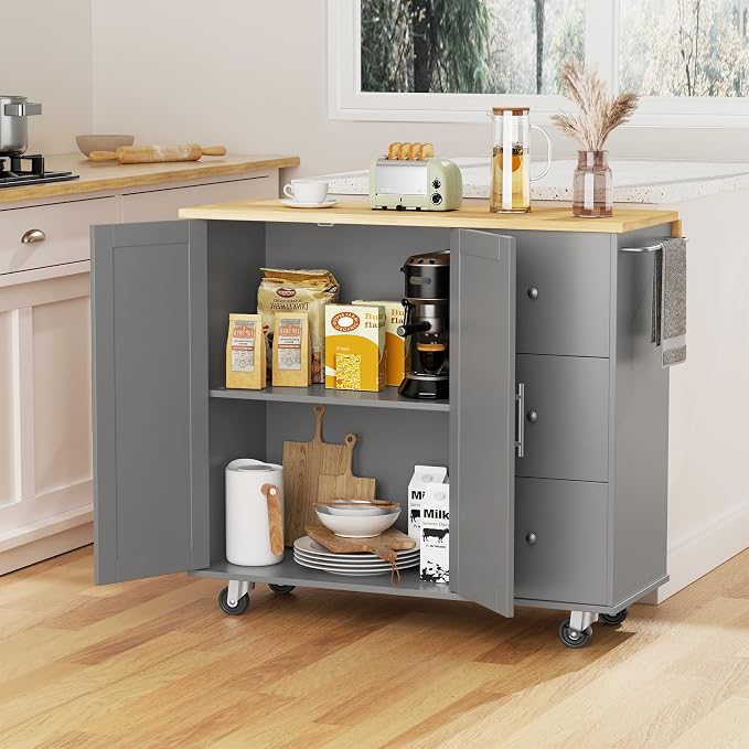 JY QAQA 40" Kitchen Island Cart Furniture cart on Wheels Rolling Portable Dining Room Serving Utility Carts Mobile Movable with Drawers Cabinet,Grey