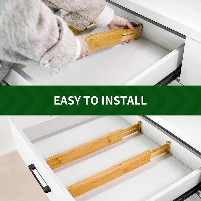 VaeFae 60-Pack Adjustable Bamboo Drawer Dividers, Expandable Drawer Organizer for Kitchen Utensils, Clothes, Bathroom, Office – Fits Drawer Interiors 16.6" to 21.8"