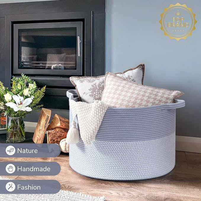 INDRESSME XXXLarge Woven Rope Blanket Basket Living Room Blue, 90L | 21.7" x 13.8" Storage baskets for toys laundry & pillows. Fits living room, bedroom or nursery décor. Soft-touch with handles