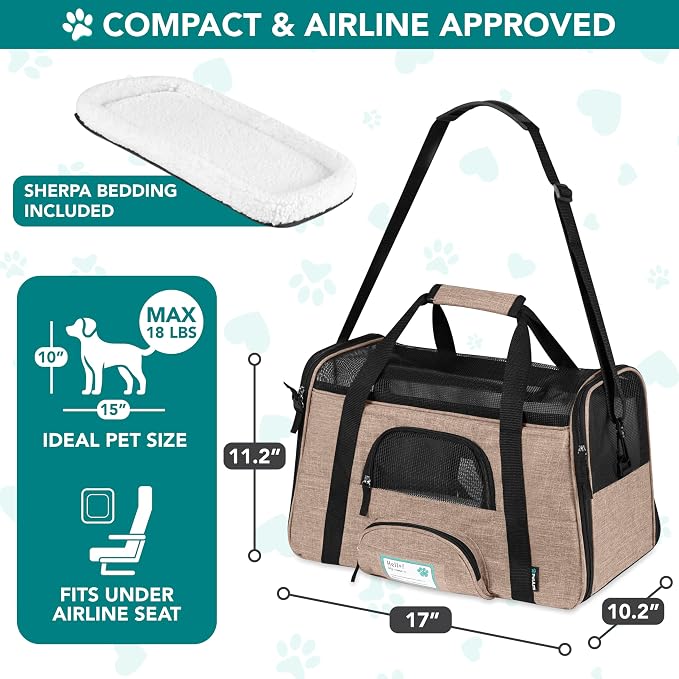 PetAmi Airline Approved Pet Carrier Cats & Small Dogs, Small Heather Taupe | Soft Sided TSA Travel Bag, Sherpa Bed, Breathable Mesh Ventilation, Collapsible Bowl, Fits Under Seat, Up to 18 lbs