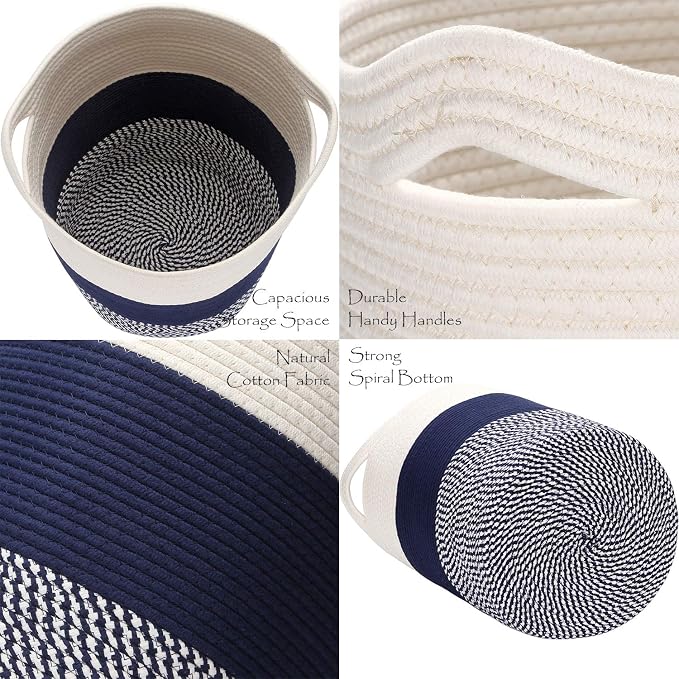 Sea Team Large Woven Cotton Rope Laundry Basket with Handles, 20 x 14 in | Collapsible Knitted Hamper, Closet Shelf Organizers, Containers for Clothing, Blankets, Toys, Bedding, Mottled Navy