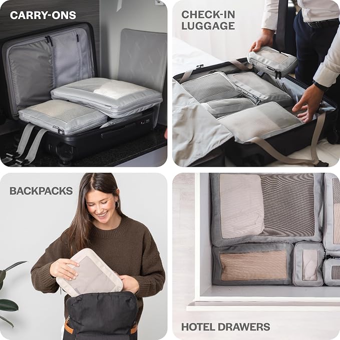 Compression Packing Cubes for Travel, 2-Pack, Light Grey | Solves overpacking, 2-Piece set fits most carry-ons, 50% Space savings, Compression luggage organizer bags