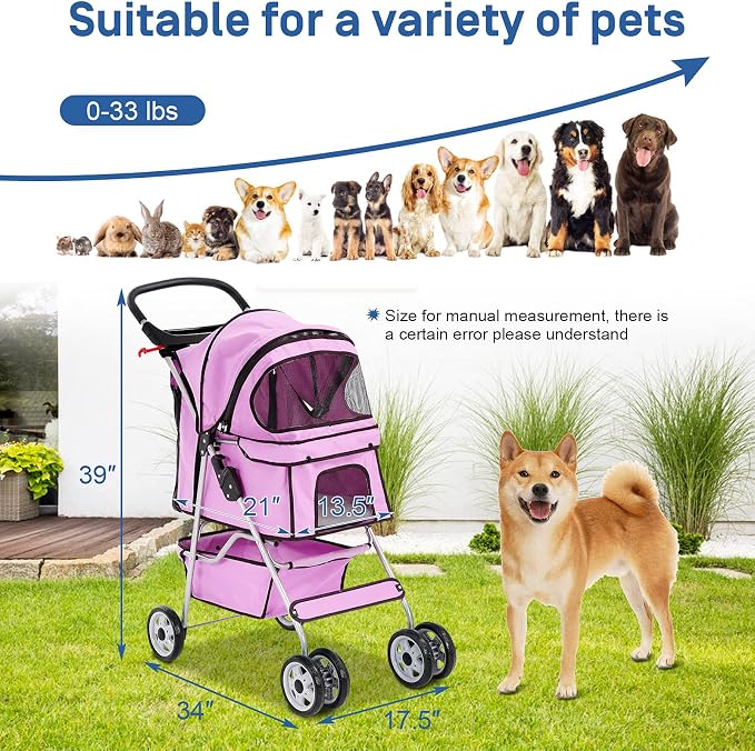 Best 4 Wheels Pet Stroller for Dog and Cat Stroller, Lightweight and Foldable Carrier Strolling Cart W/Cup Holders Removable Liner for Small and Medium Dog Cat or Pet - Pink