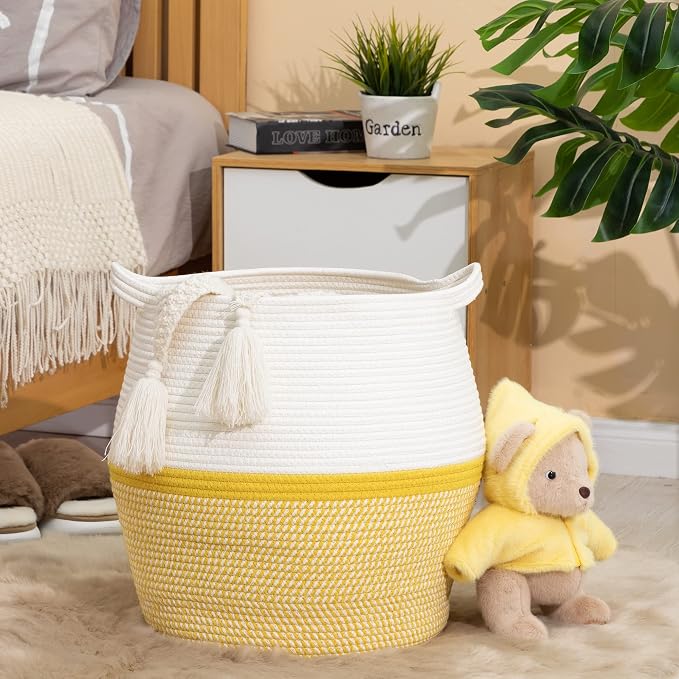 KAKAMAY Woven Baskets for Storage(17"x17"),Large Cotton Rope Woven Baby Laundry Hamper,Collapsible Laundry Basket, Blanket Basket for Organizing Living Room,Nursery,Pillows,Toy Chest(Yellow)