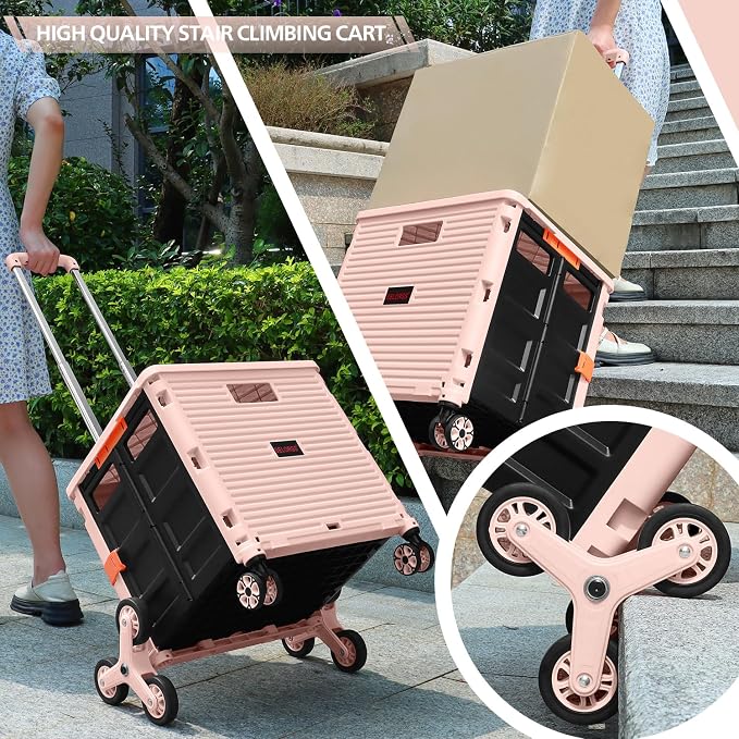 Foldable Utility Cart Collapsible Crate Rolling Carts with Stair Climbing Wheels Rolling Tote Basket Teacher Cart with Lid Wear-Resistant 360°Rotate Wheel Noiseless for Shopping Grocery Office
