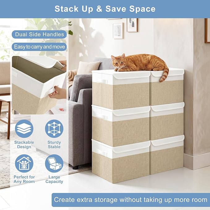 Large 17" 42 Quarts Collapsible Stackable Storage Bins with Lids [3-Pack] Foldable Fabric Linen Storage Boxes Cube, Closet Organizer Baskets with Label (16.7 x 12 x 12, Beige & White)