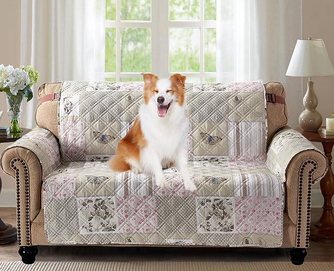 Brilliant Sunshine Grey Cupid & Pink Roses Loveseat Cover, 54" seat | Quilted Sofa Cover, Living Room & Bedroom Furniture Protector, Large Washable Love Seat Slipcover for Pets, Dogs & Cats