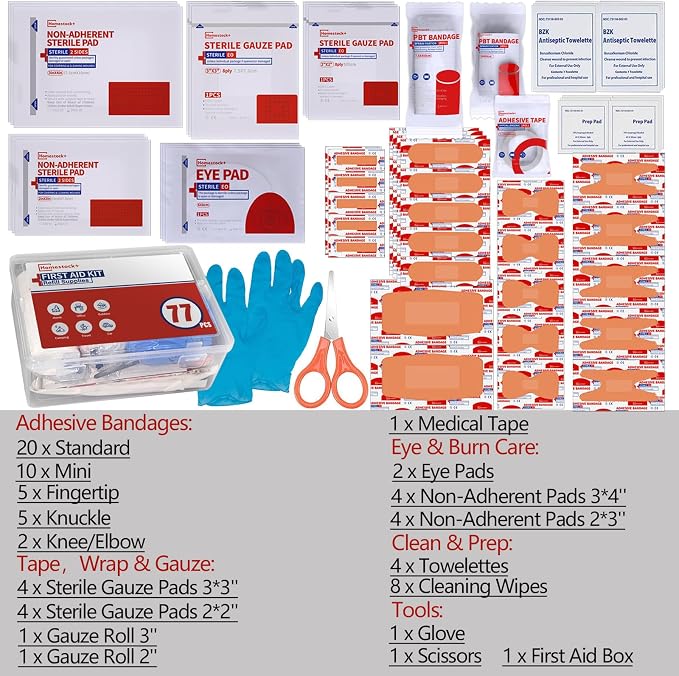 First Aid Kit Refill - Extra Replacement Supplies for First Aid Kits, Loose Packed Restock Supply Pack -77 Piece