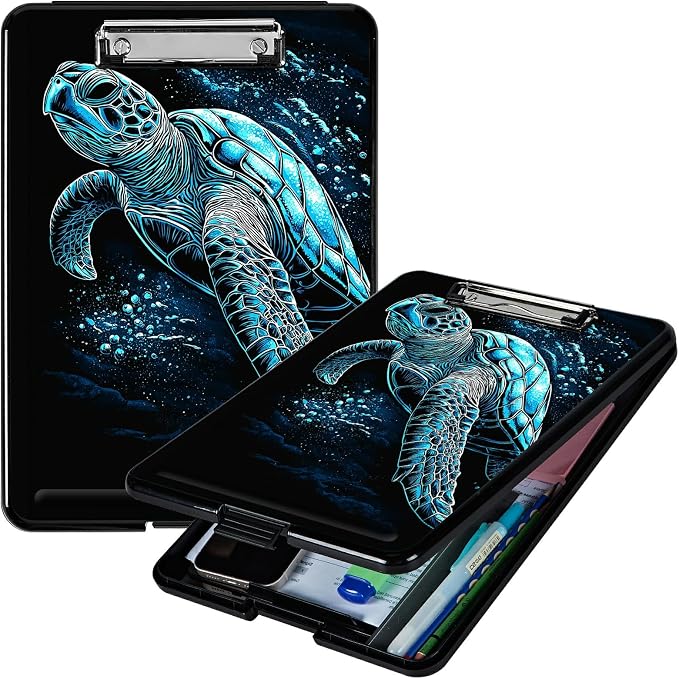 Heavy Duty Storage Clipboard, Slim Nursing Clipboard with Internal Pen Case, Portable File Organizer Case for A4 Letter Size Paper Office Medical Professionals, Blue Black Turtle