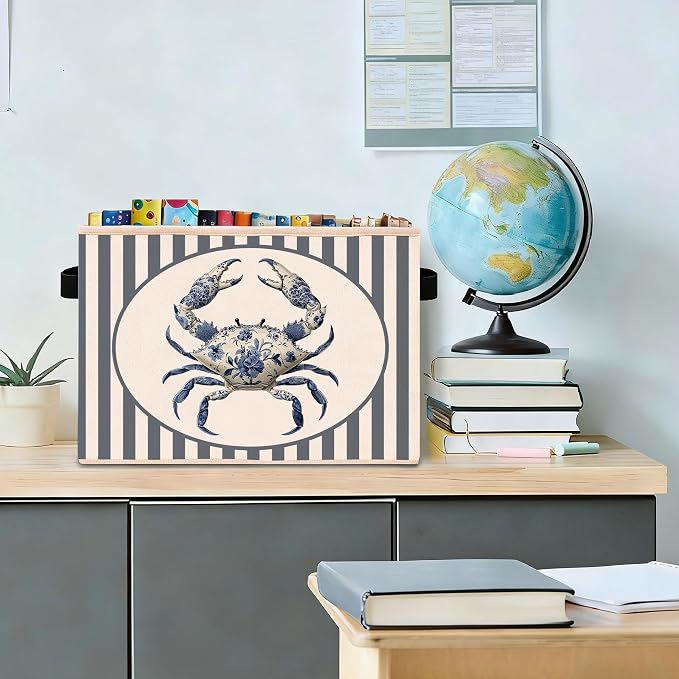 Crab Storage Bin, Foldable Fabric Basket for Kids Room Bathroom | Foldable fabric storage bin with coastal crab design for toys, books, clothes, nursery, bathroom, and playroom use.