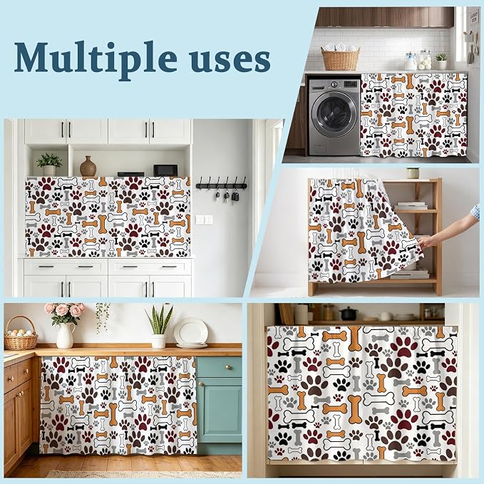Dog Claws Cabinet Dishwasher Hidden Curtains, Privacy Closet Door Curtain, Pet Cat Cartoon Cute Animal Bone Pawprints Adhesive Dust Proof Under Sink Skirt for Bathroom Kitchen 35"x35"