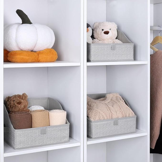 WUIKE 3 Pack Large Closet Storage Bins, Trapezoid Basket, Herringbone Gray | Fabric Storage Baskets with Handles, Purse Organizer for Closet, for Clothes, Sheets, Blankets and Shelves