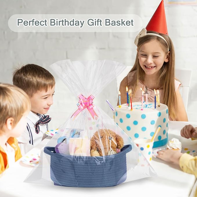 COMSE Empty Small Gift Basket with Bag & Ribbons, Folkstone Gray | Cotton Rope, 12"x 8"x 5", Baby Toy Organizer, Stores Small Items for Bedrooms, Nurseries, Bathrooms, Living Rooms, Offices