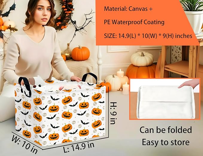 Large Halloween Themed Candy Gift Boo Basket for Kids Baby Personalized Adults Storage Bin Fall Decor(Bat Pumpkin)